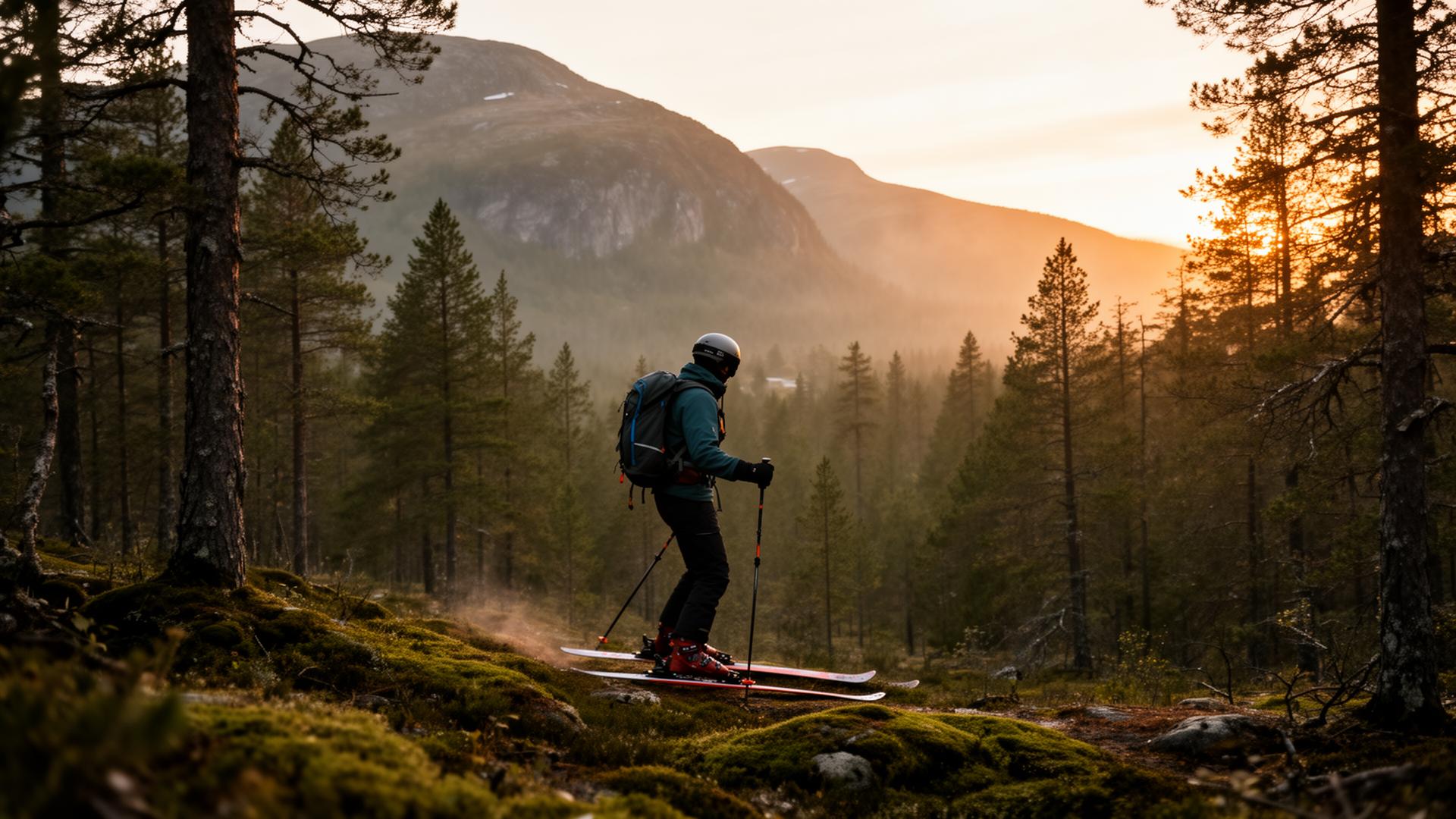 Skidåkare i nordisk skog vid soluppgång