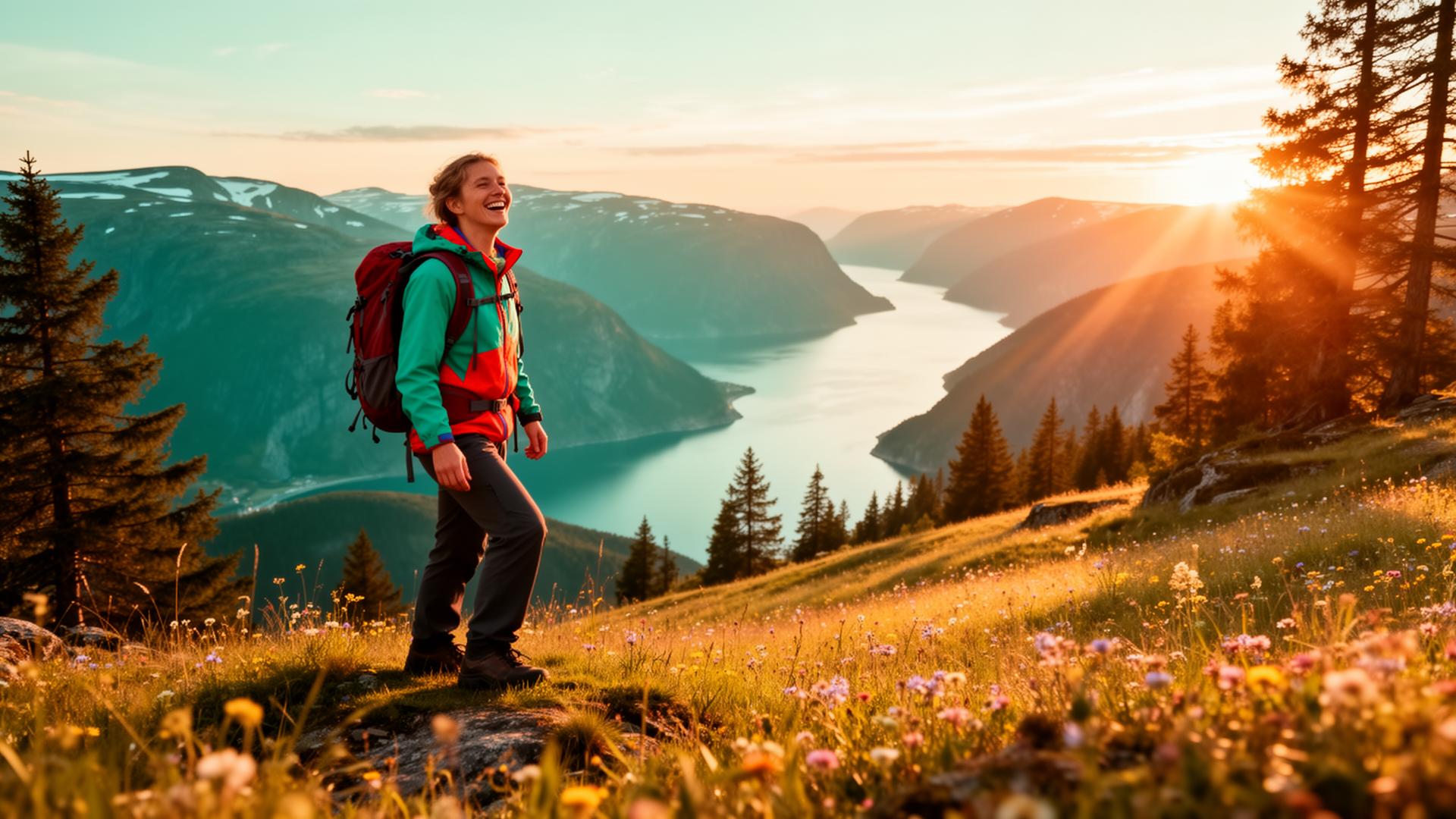 Glad vandrare i färgglad outdoorutrustning på ett fjäll i Skandinavien vid gyllene timmen